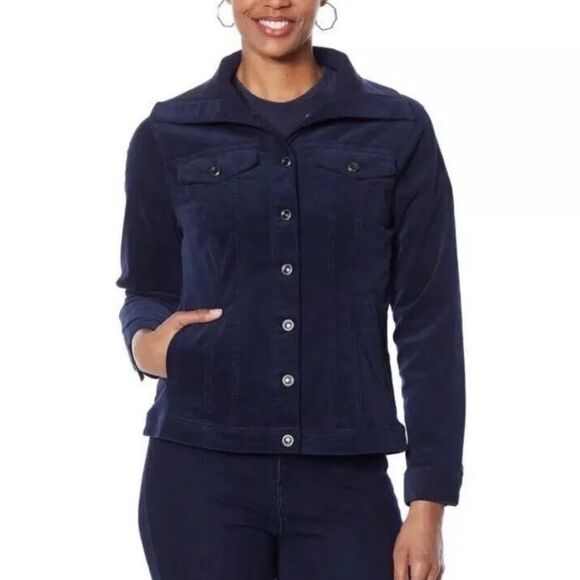 DG2 Diane Gilman Black Women's Stretch Rib Collar Button Front Jacket - New - Picture 1 of 4